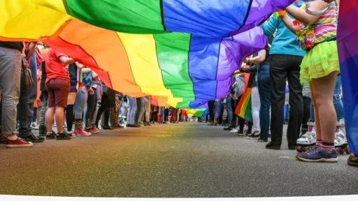 people holding a pride flag in a long row